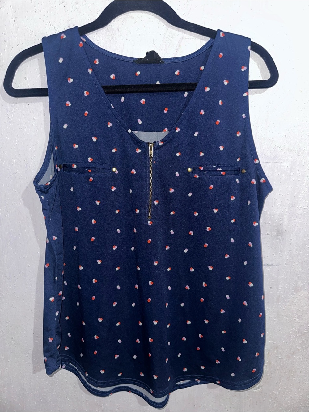 The Workshop Navy Sleeveless Dot Zip-Front Tank